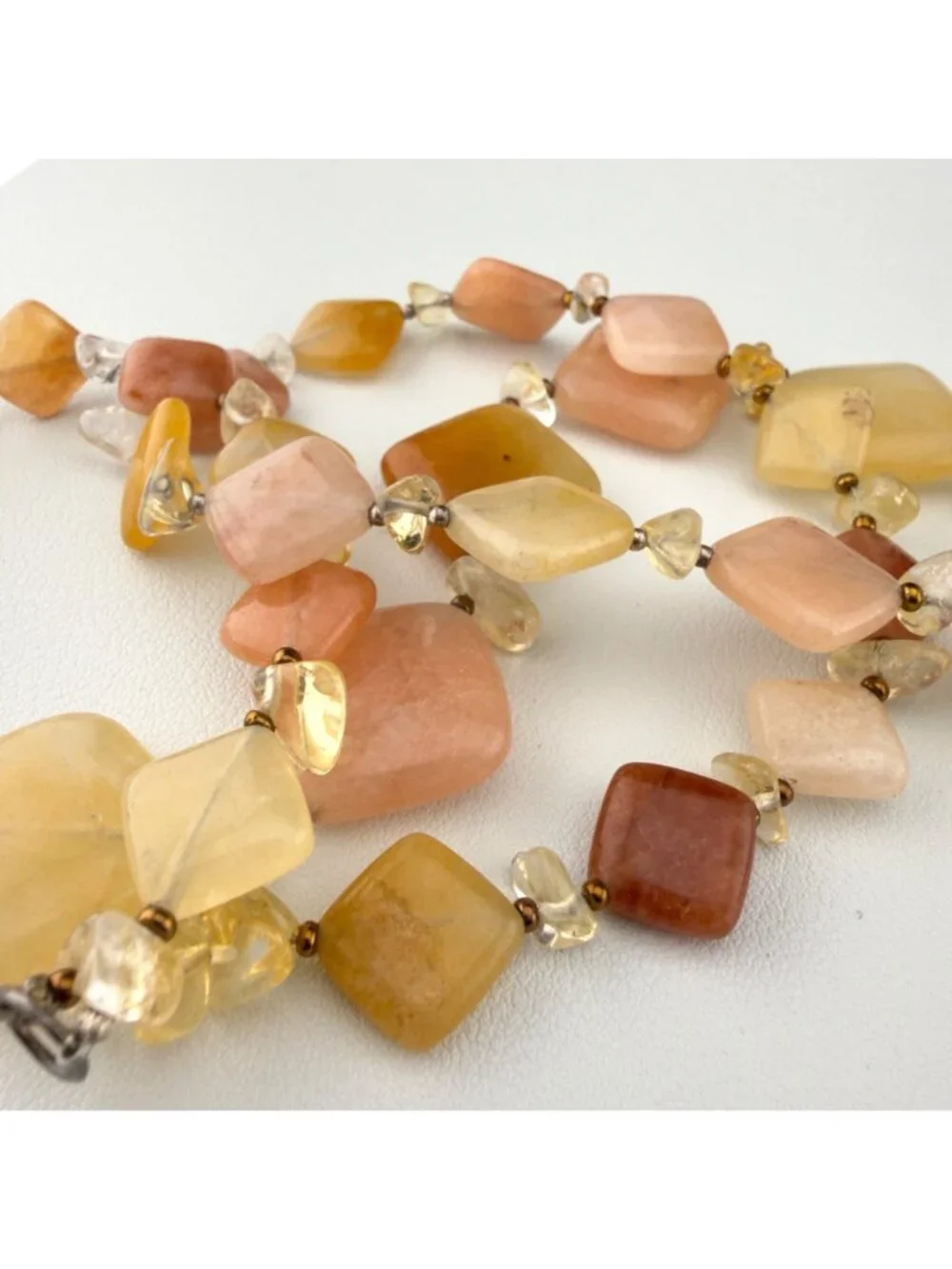 Natural Stone Beaded Necklace Double Strand Yellow Peach Sterling Silver Clasp